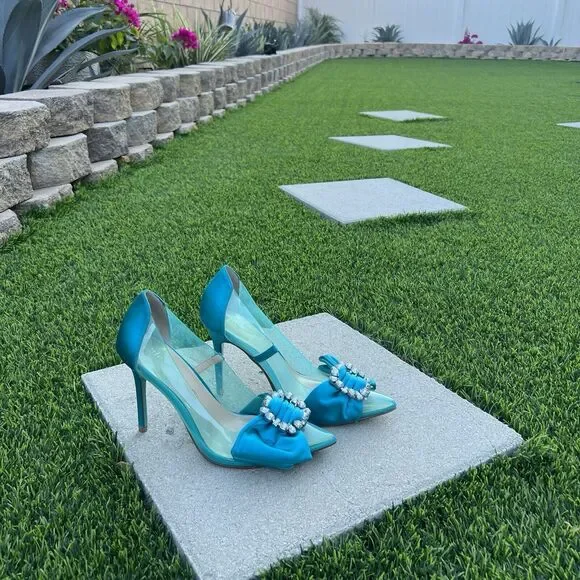 Betsey Johnson Teal Blue Rhinestone Bow wedding pointed toe heel Maise Pump 9.5 - Picture 3 of 11